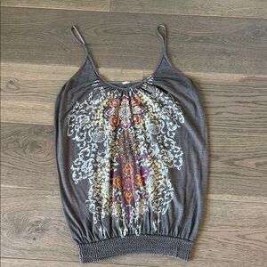 Boho Printed Smocked Hem Tank Top – Neutral Taupe | Size Small